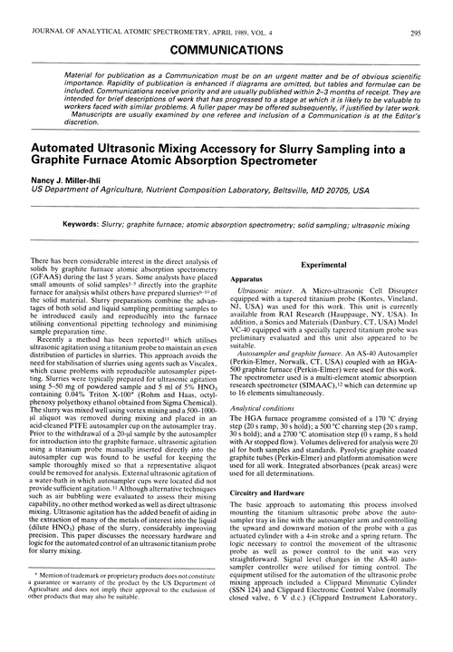Communications. Automated ultrasonic mixing accessory for slurry sampling into a graphite furnace atomic absorption spectrometer