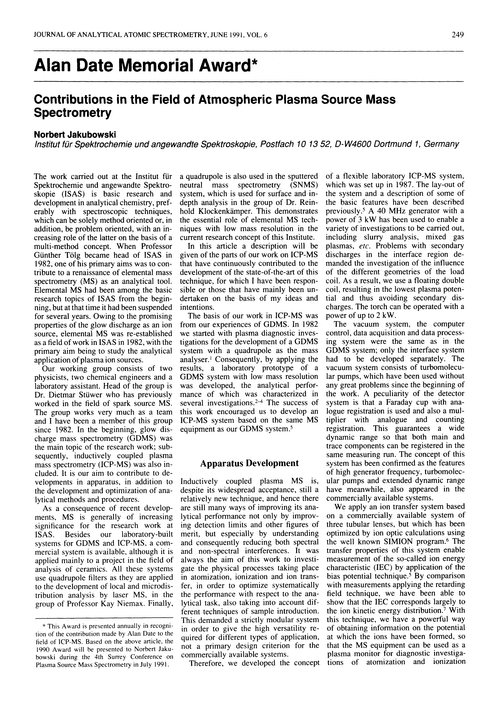 Alan Date Memorial Award. Contributions in the field of atmospheric plasma source mass spectrometry