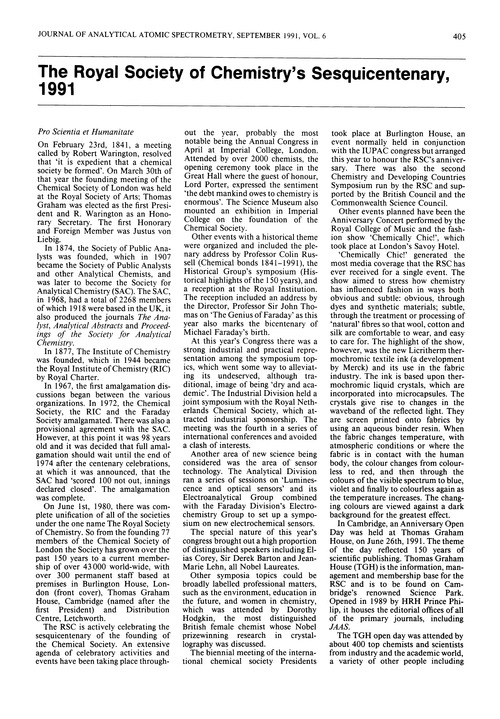 The Royal Society of Chemistry's Sesquicentenary, 1991 Journal of