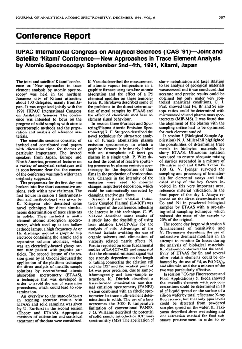 Conference report. IUPAC International Congress on Analytical Sciences (ICAS '91)—joint and satellite ‘Kitami’ conference—New Approaches in Trace Element Analysis by Atomic Spectroscopy: September 2nd–4th, 1991, Kitami, Japan