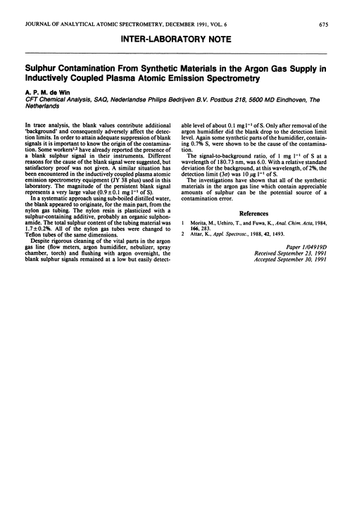 Inter-laboratory note. Sulphur contamination from synthetic materials in the argon gas supply in inductively coupled plasma atomic emission spectrometry