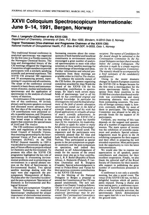 XXVII Colloquium Spectroscopicum Internationale: June 9–14, 1991, Bergen, Norway