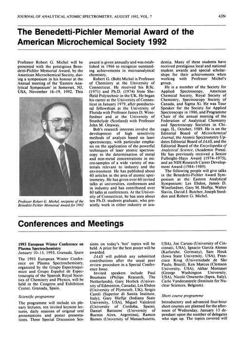 The Benedetti-Pichler Memorial Award of the American Microchemical Society 1992
