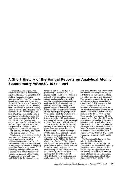 A short history of the Annual Reports on Analytical Atomic Spectrometry ‘ARAAS’, 1971–1984