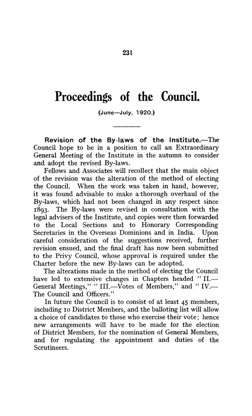 The Institute of Chemistry of Great Britain and Ireland. Proceedings of the Council. (June–July, 1920)