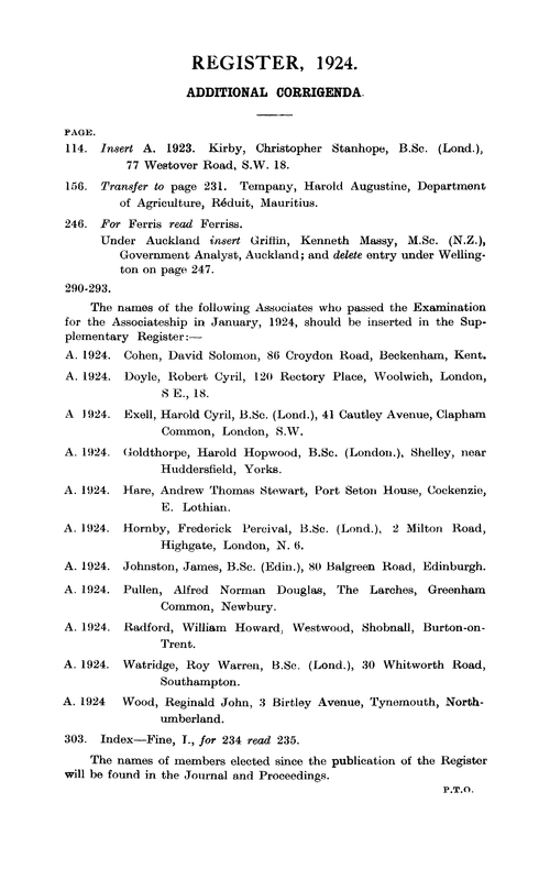 Register, 1924. Additional corrigenda