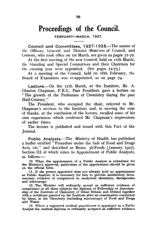 The Institute of Chemistry of Great Britain and Ireland. Proceedings of the Council. February–March 1927