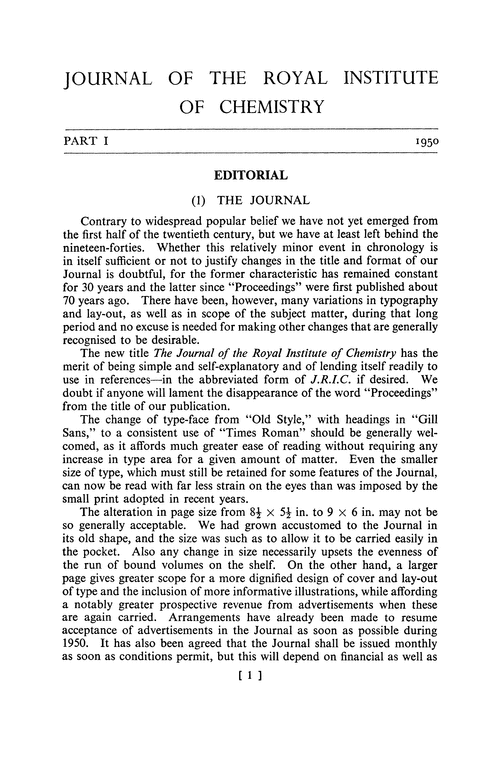 Journal of the Royal Institute of Chemistry. Part I. 1950