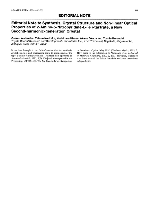 Editorial note. Editorial note to synthesis, crystal structure and non-linear optical properties of 2-amino-5-nitropyridine-L-(+)-tartrate, a new second-harmonic-generation crystal