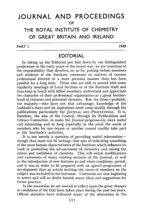 Journal and Proceedings of the Royal Institute of Chemistry of Great Britain and Ireland. Part I. 1949