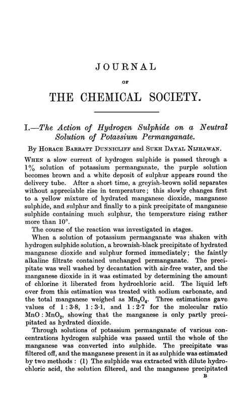 I.—The action of hydrogen sulphide on a neutral solution of potassium permanganate