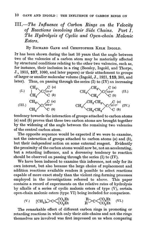 III.—The influence of carbon rings on the velocity of reactions involving their side chains. Part I. The hydrolysis of cyclic and open-chain malonic esters
