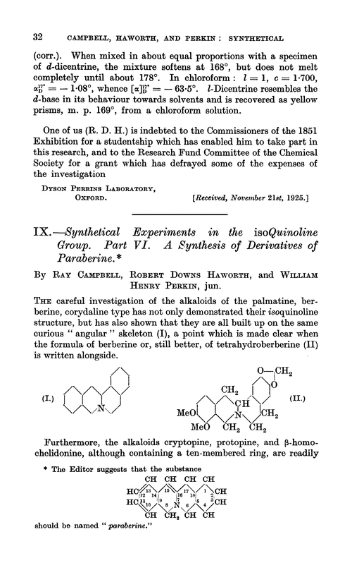 IX.—Synthetical experiments in the isoquinoline group. Part VI. A synthesis of derivatives of paraberine