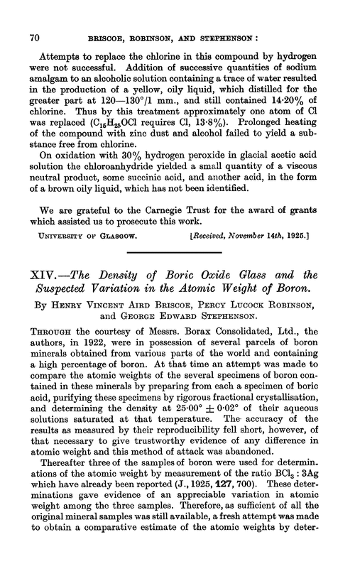 XIV.—The density of boric oxide glass and the suspected variation in the atomic weight of boron