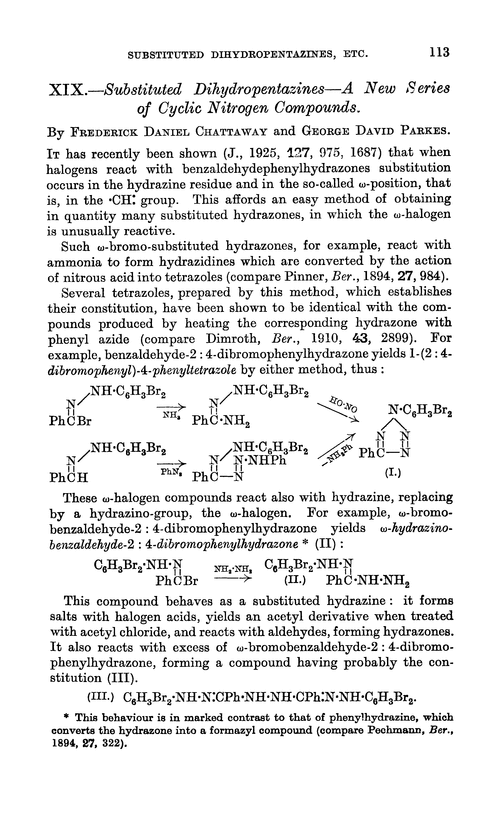 XIX.—Substituted dihydropentazines—a new series of cyclic nitrogen compounds