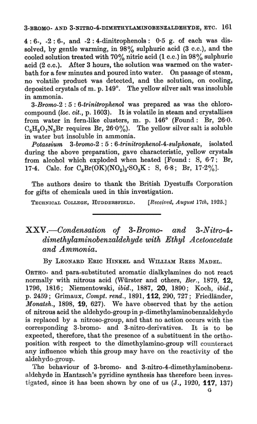 XXV.—Condensation of 3-bromo- and 3-nitro-4-dimethylaminobenzaldehyde with ethyl acetoacetate and ammonia