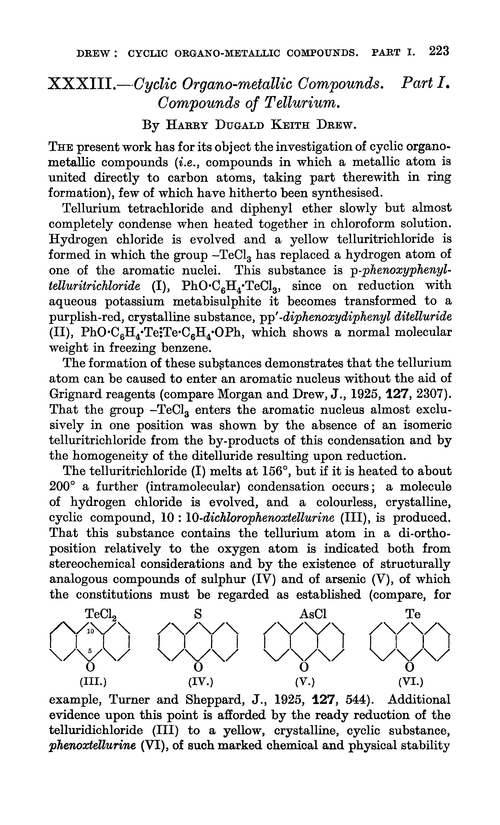 XXXIII.—Cyclic organo-metallic compounds. Part I. Compounds of tellurium