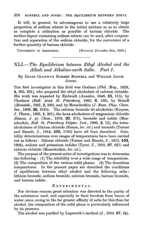 XLI.—The equilibrium between ethyl alcohol and the alkali and alkaline-earth salts. Part I