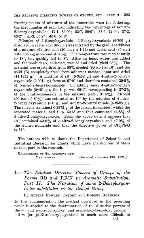 L.—The relative directive powers of groups of the forms RO and RR′N in aromatic substitution. Part II. The nitration of some 2-benzyloxyanisoles substituted in the benzyl group