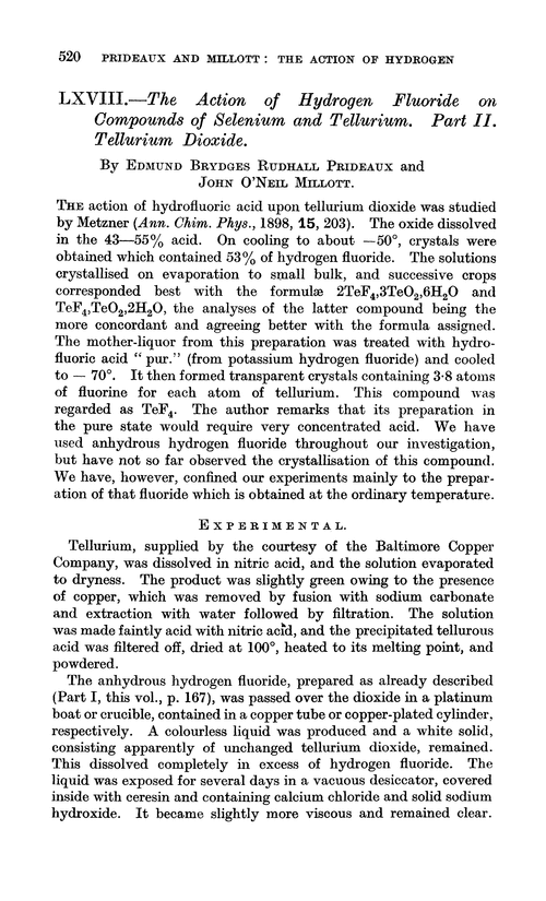 LXVIII.—The action of hydrogen fluoride on compounds of selenium and tellurium. Part II. Tellurium dioxide