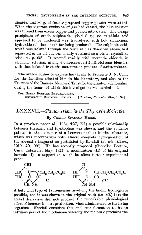 LXXXVII.—Tautomerism in the thyroxin molecule