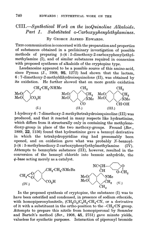 CIII.—Synthetical work on the isoquinoline alkaloids. Part I. Substituted o-carboxyphenylethylamines