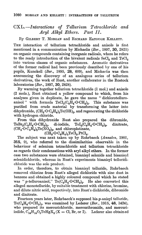CXL.—Interactions of tellurium tetrachloride and aryl alkyl ethers. Part II