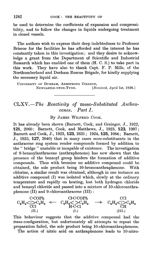 CLXV.—The reactivity of meso-substituted anthracenes. Part I