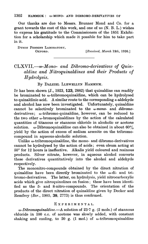 CLXVII.—ω-Mono- and dibromo-derivatives of quinaldine and nitroquinaldines and their products of hydrolysis