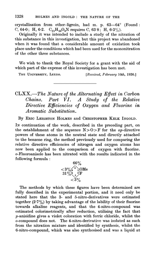 CLXX.—The nature of the alternating effect in carbon chains. Part VI. A study of the relative directive efficiencies of oxygen and fluorine in aromatic substitution