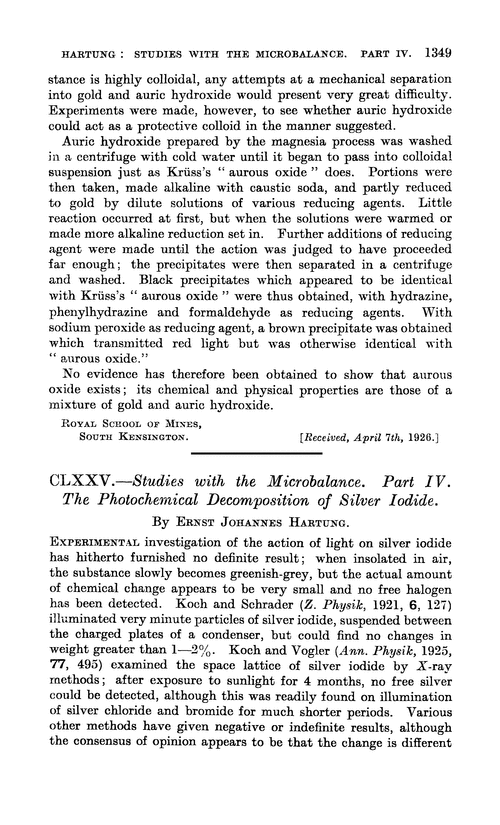CLXXV.—Studies with the microbalance. Part IV. The photochemical decomposition of silver iodide