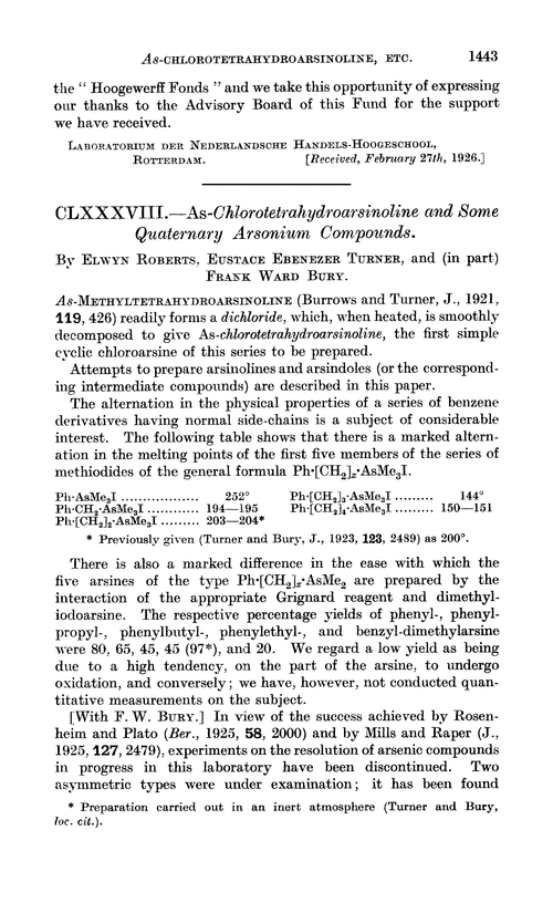CLXXXVIII.—As-chlorotetrahydroarsinoline and some quaternary arsonium compounds