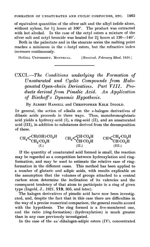CXCI.—The conditions underlying the formation of unsaturated and cyclic compounds from halogenated open-chain derivatives. Part VIII. Products derived from pimelic acid. An application of Bischoff's dynamic hypothesis