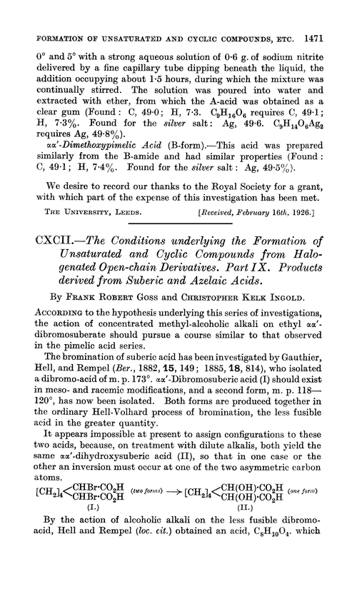 CXCII.—The conditions underlying the formation of unsaturated and cyclic compounds from halogenated open-chain derivatives. Part IX. Products derived from suberic and azelaic acids