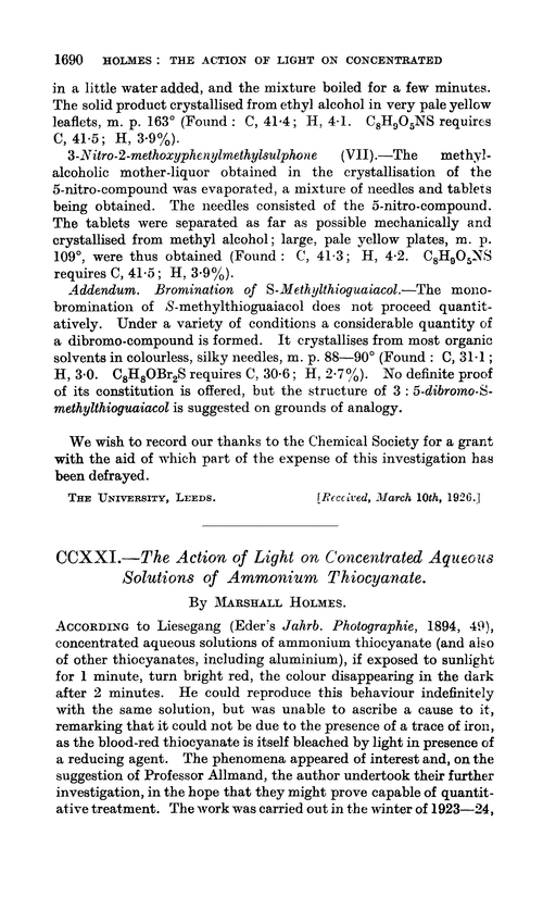 CCXXI.—The action of light on concentrated aqueous solutions of ammonium thiocyanate