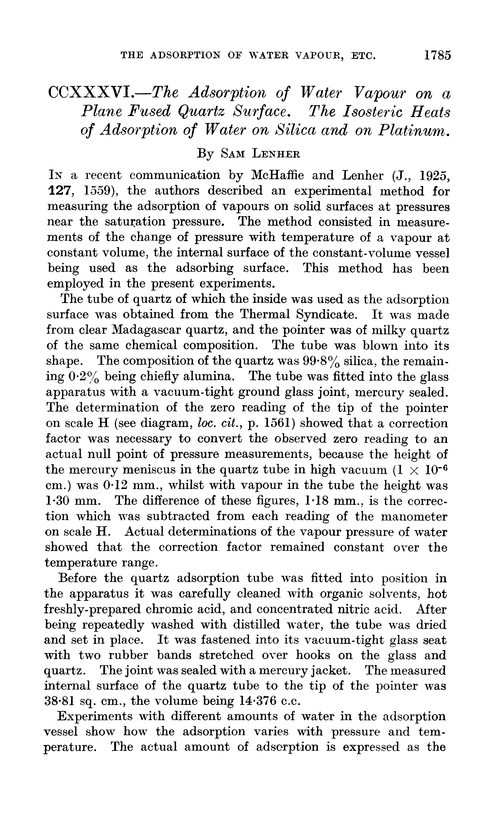 CCXXXVI.—The adsorption of water vapour on a plane fused quartz surface. The isosteric heats of adsorption of water on silica and on platinum