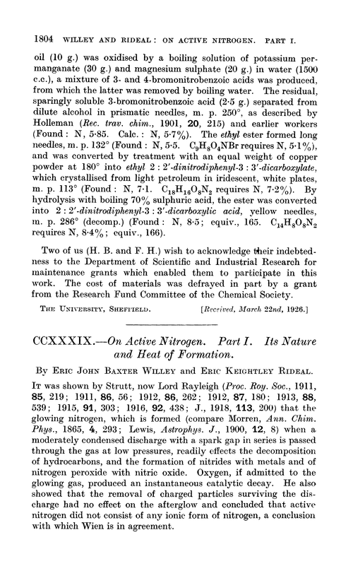 CCXXXIX.—On active nitrogen. Part I. Its nature and heat of formation