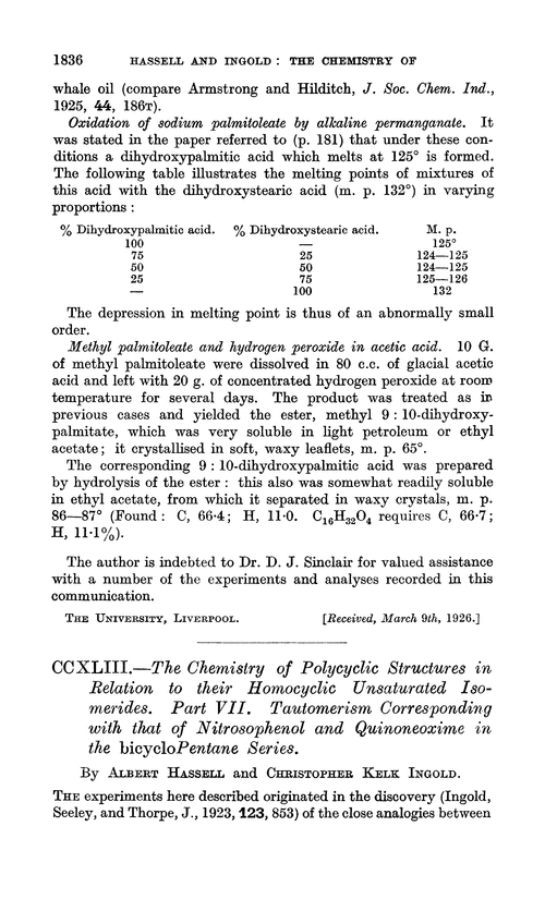 CCXLIII.—The chemistry of polycyclic structures in relation to their homocyclic unsaturated isomerides. Part VII. Tautomerism corresponding with that of nitrosophenol and quinoneoxime in the bicyclopentane series