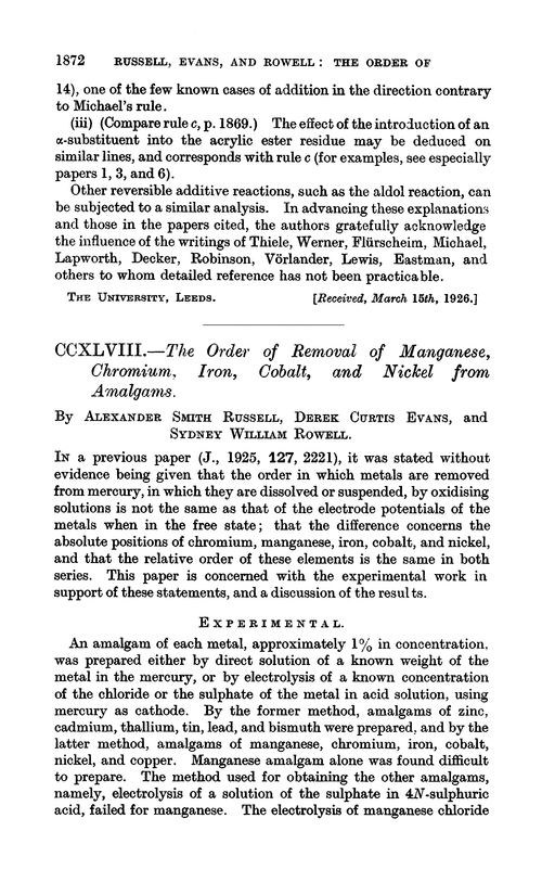 CCXLVIII.—The order of removal of manganese, chromium, iron, cobalt, and nickel from amalgams