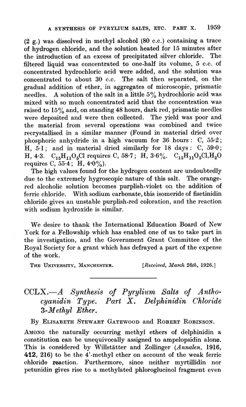 CCLX.—A synthesis of pyrylium salts of anthocyanidin type. Part X. Delphinidin chloride 3-methyl ether