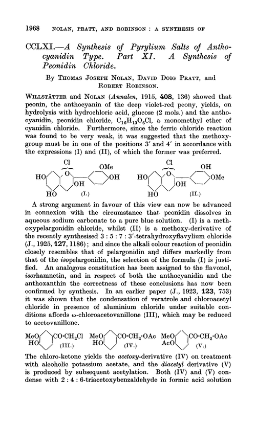CCLXI.—A synthesis of pyrylium salts of anthocyanidin type. Part XI. A synthesis of peonidin chloride