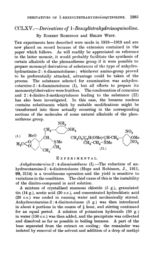 CCLXV.—Derivatives of 1-benzyltetrahydroisoquinoline