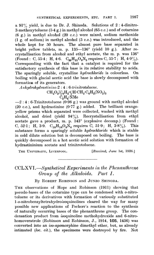 CCLXVI.—Synthetical experiments in the phenanthrene group of the alkaloids. Part I