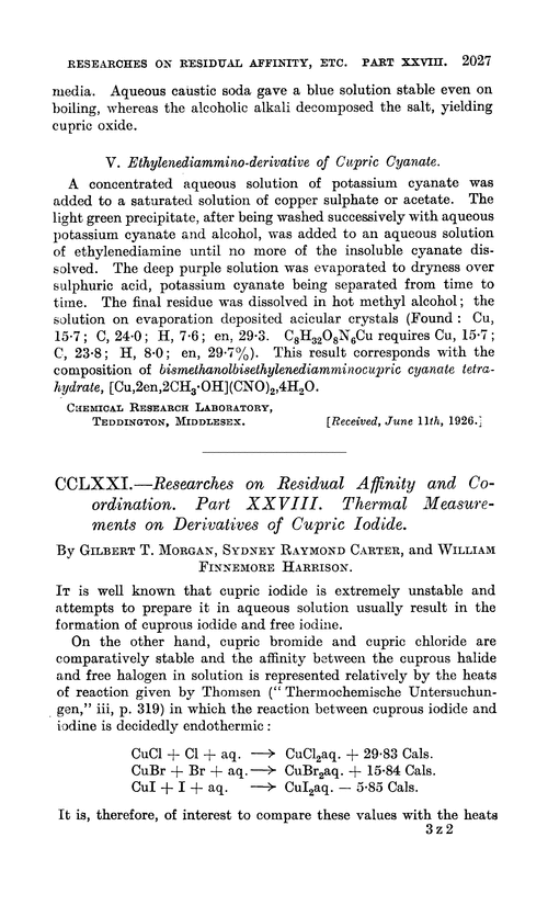 CCLXXI.—Researches on residual affinity and co-ordination. Part XXVIII. Thermal measurements on derivatives of cupric iodide