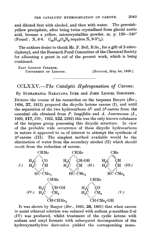 CCLXXV.—The catalytic hydrogenation of carone