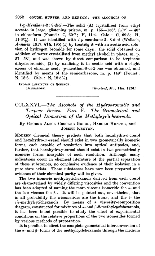 CCLXXVI.—The alcohols of the hydroaromartic and terpene series. Part V. The geometrical and optical isomerism of the methylcyclohexanols