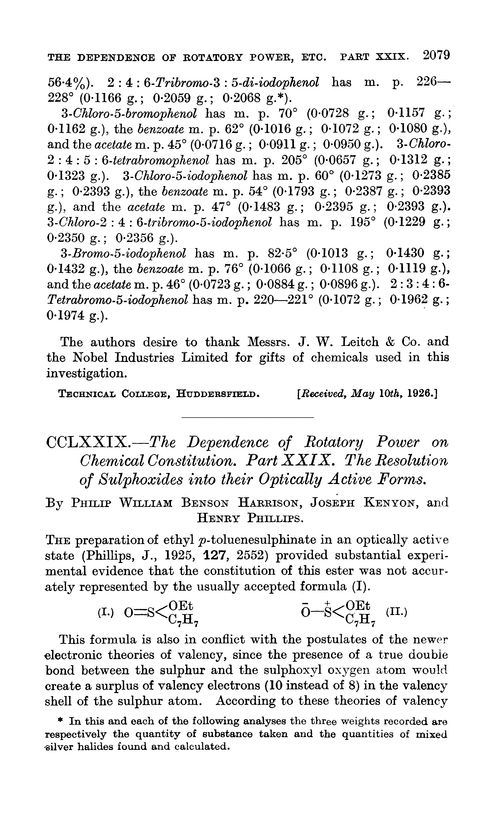 CCLXXIX.—The dependence of rotatory power on chemical constitution. Part XXIX. The resolution of sulphoxides into their optically active forms