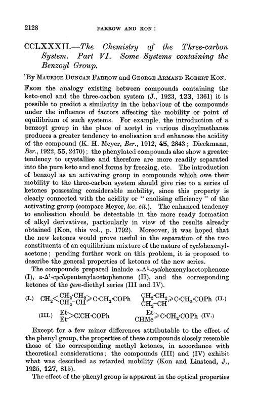 CCLXXXII.—The chemistry of the three-carbon system. Part VI. Some systems containing the benzoyl group