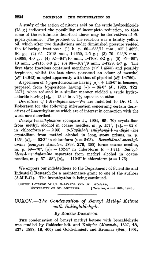 CCXCV.—The condensation of benzyl methyl ketone with salicylaldehyde