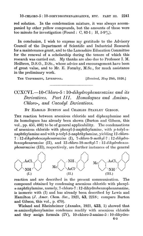 CCXCVI.—10-Chloro-5 : 10-dihydrophenarsazine and its derivatives. Part III. Homologues and amino-, chloro-, and cacodyl derivatives